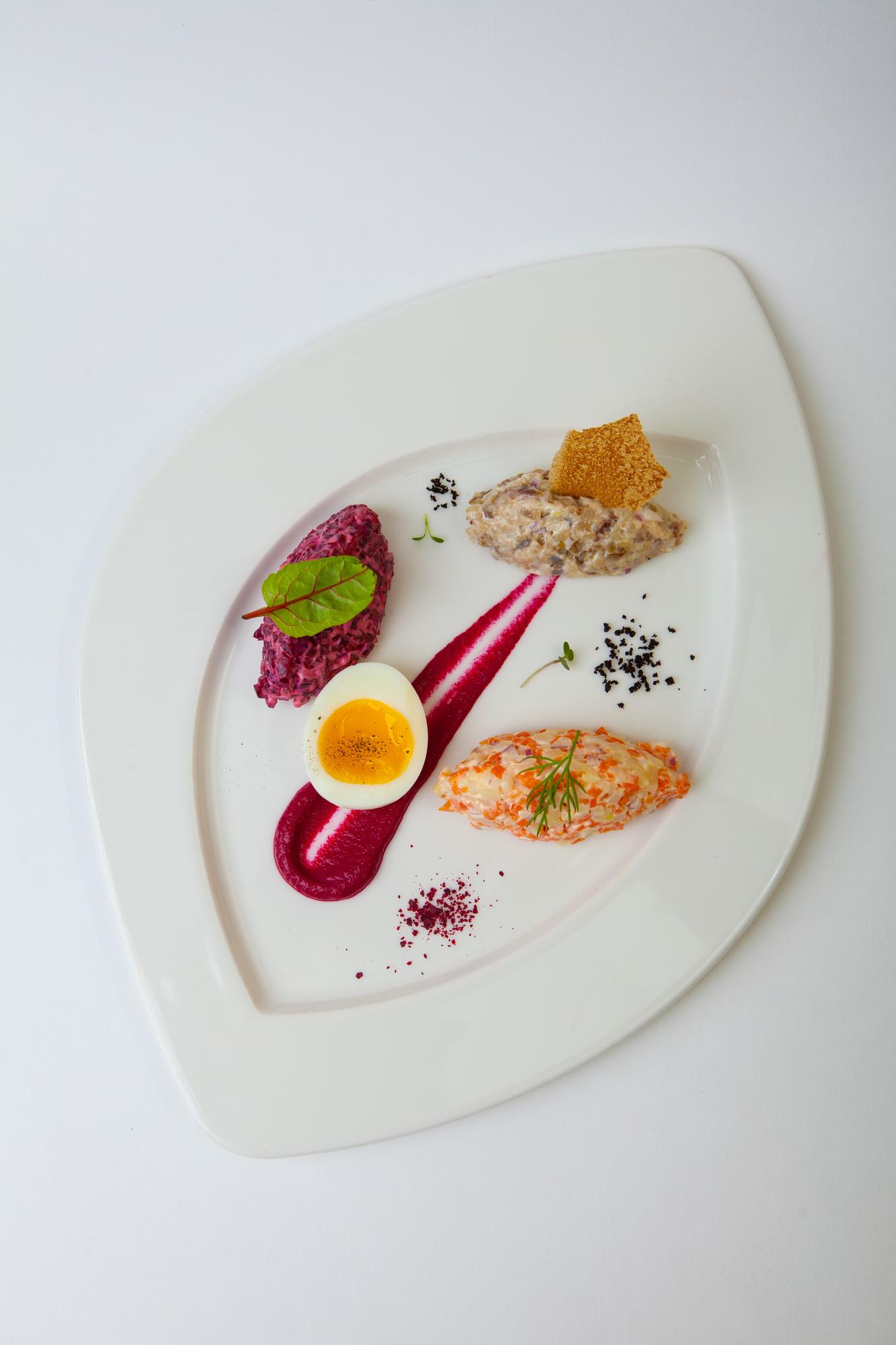 Close-up plated dish with geometric garnish